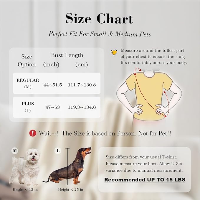 Dog Sling Carrier for Small Dogs Cats up to 15 lbs - Hands Free Puppy Carrier Bag (Plus Size L) - Ergonomic Padded Shoulder Strap & Safety Hook Based on Owner's Bust Length, Caramel