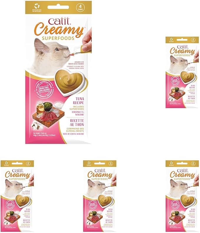 Catit Creamy Superfood Lickable Cat Treat – Hydrating and Healthy Treat for Cats of All Ages - Tuna with Coconut & Wakame, 20-Pack