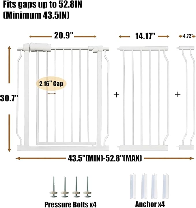 Extra Wide Baby Gate 48-53 Inch, Tension Mounted No Drilling, Pressure Mounted Indoor Safety Gate for Stairs & Doorways - Metal Design for Kids and Pets, White