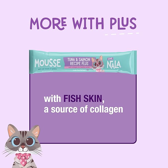 LOVE, NALA Skin & Coat Health – Tuna & Salmon + Collagen Mousse Cat Treats – Lickable Squeeze-Up Puree, Topper or Treat – Grain-Free, 24 Pack – Human-Grade Protein, Non-GMO, No Artificial Additives