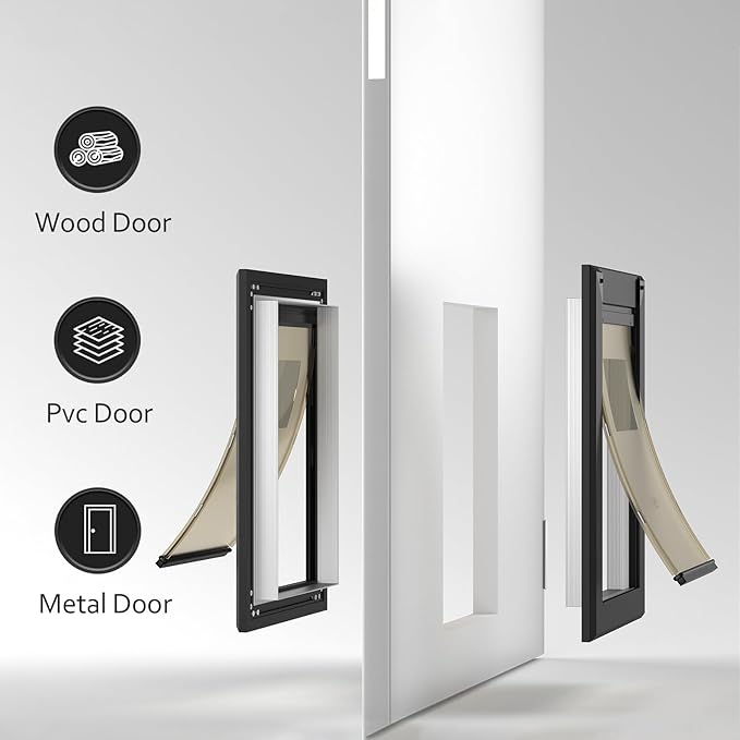 [Classicmacher] Heavy Duty Dog Door with Double Sliding Lock Panel, Aluminum Large Doggie Door for Exterior Door, Magnetic Double Flaps Dog Door for L arge and Medium Dog Up to 100 Lbs (Large,Black)