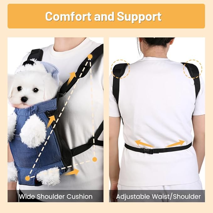 Inspack Dog Backpack Carrier/Cat Carrier, Adjustable Pet Front Carriers Travel Bag for Puppy Medium Dogs, Legs Out, Soft Ventilated Dog Chest Carry Backpacks for Hiking/Camping, 7-11 lbs, Indigo Denim