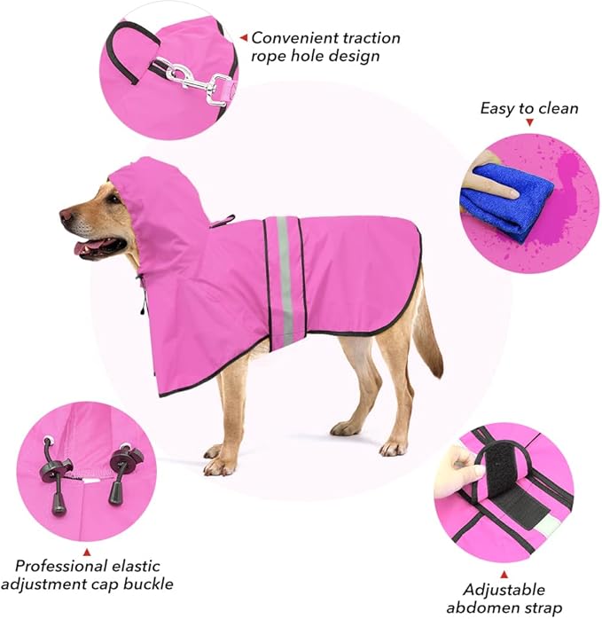 Dog Raincoat, Waterproof Coat with Hood Reflective Pet Rain Jacket with Leash Hole, Lightweight Dog Slicker Poncho for Walking (Pink, XX-Large)