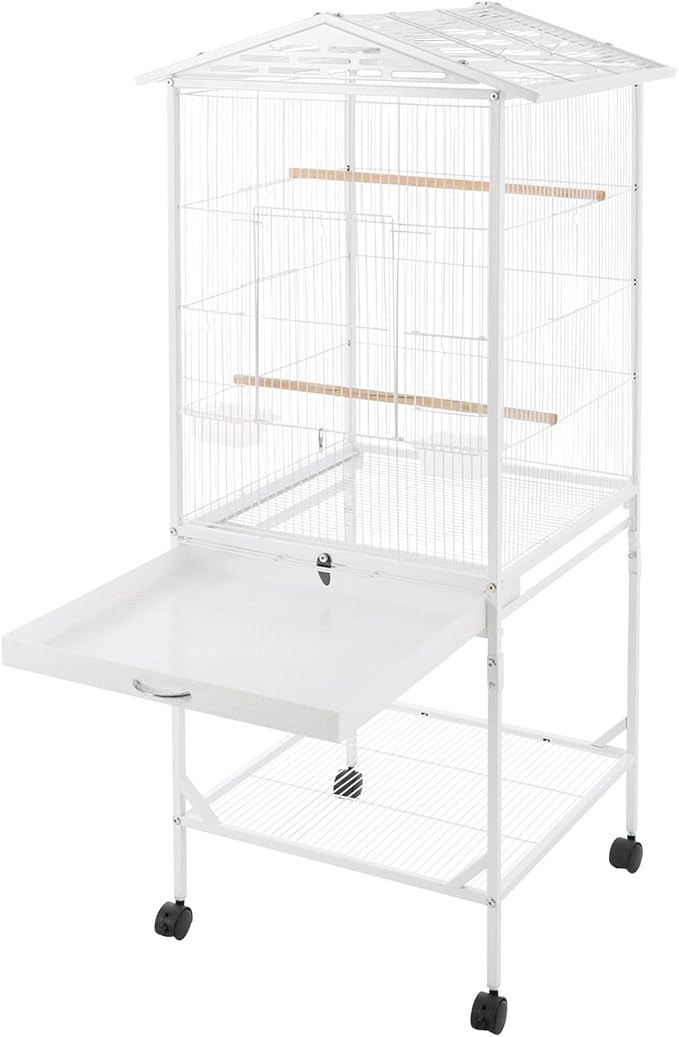 Large Modern Bird Cage 46" for Parrots,Iron Birdcage with Rolling Lockable Wheels & Storage Shelf,Open Top Design & Feeding Doors for Cockatiels Parakeets (White)
