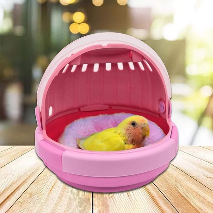 Portable Parrot Travel Cage Handheld Bird Carrier with Pink Plush Nest Small Lightweight Pet Birds Case for Parakeets and Young Parrots