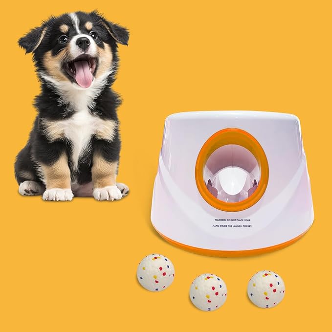 Automatic Dog Ball Launcher-Small Silent Dog Ball Thrower, 3 Adjustable Distances (20ft/33ft/46ft), Rechargable,Includes 3 Durable 2.3" Balls for Small/Medium Dogs (Orange, Medium)