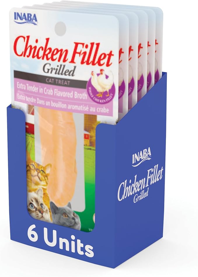 INABA Premium Hand-Cut Grilled Chicken Fillet Cat Treats/Topper with Vitamin E and Green Tea Extract, 0.9 Ounces Each, Pack of 6, Extra Tender Crab Broth