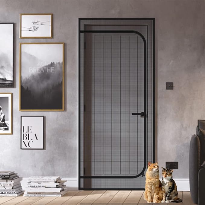DOOREASY Pet Screen Door, Upgraded Cat Resistant Mesh Screen to Stop Cats Running Out, Easy Install Pet Door Mesh with Zipper Closure for Doorways Bedroom Kitchen Patio (Fits Doors Up to 34"x80")