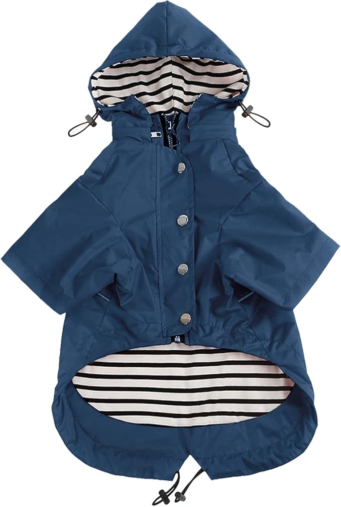 Morezi Dog Zip Up Raincoat with Reflective Buttons, Rain/Water Resistant, Adjustable Drawstring, Removable Hood, Raincoats with Legs 8lbs to 80lbs Available - Dark Blue - XS