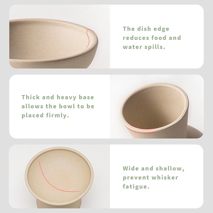 Extra Wide Elevated Ceramic Cat Bowl - 6.2" Shallow Dish for Whisker Fatigue Relief, 5" Height for Easy Feeding, Lead & Cadmium Free, Durable Raised Cat Food Bowls, Pottery Clay (Not Glazed)