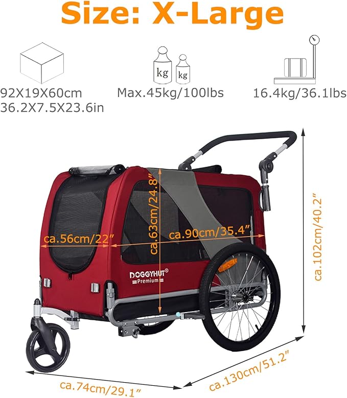 DOGGYHUT® Premium Large/XL Pet Bike Trailer & Stroller for Large Sized Dog or Multiple Small Dogs,Low Center of Gravity,Parking Brakes,Easy Folding Frame,Bicycle Carrier