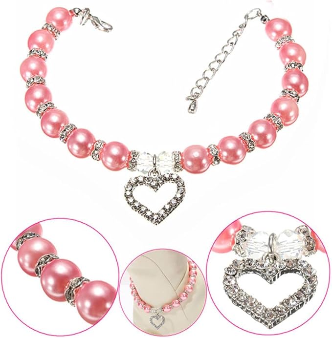 Dog Pearls Collars Crystal Heart Dog Cat Collar, Pet Bling Love Charm Pendant Necklace for Cats Small Dogs Birthday Party Accessories(S,White)