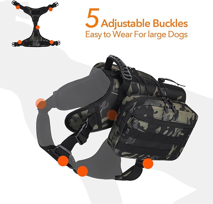 x Jumahe Dog Hiking Backpack for Large/Giant Dogs – 2 Spacious Side Bags, Breathable Waterproof Fabric, Fits Chest 30"-40" (85-120 lbs), 5 Adjustable Buckles, Outdoor Travel Vest,Camo