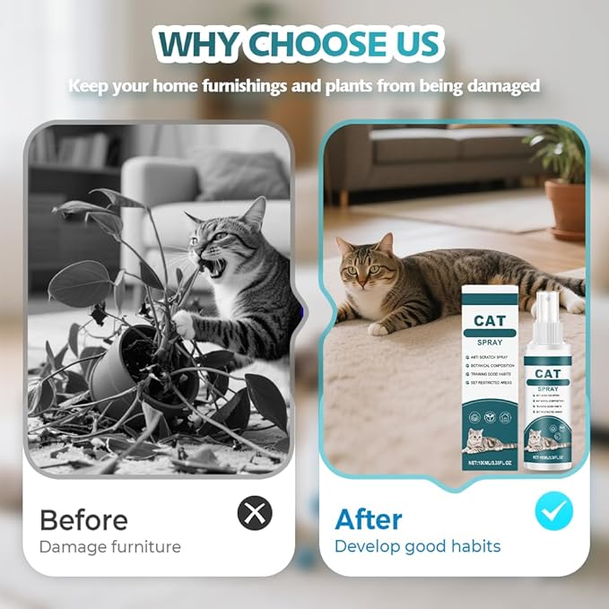 Effective Cat Deterrent Spray, Natural Cat Repellent Indoor Outdoor, Safe Cats Scratch Deterrent for Furniture, Cats Spray Deterrents for Urine Marking in House, 3.38 FL Oz (2)