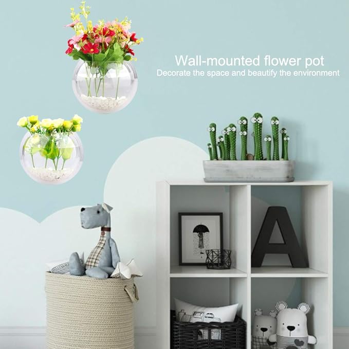 Acrylic Wall Mounted Fish Bowl, Hanging Aquarium Transparent Plastic Bubble Gold & Betta Fish Tank,Round Pot Flower Plant Vase Home Decoration (S: 190mm)