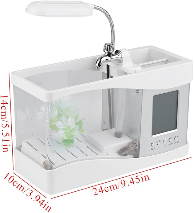 Small Divided Fish Multifunctional USB Rechargeable Mini Fish Aquarium with Clock Function LED Light(White)