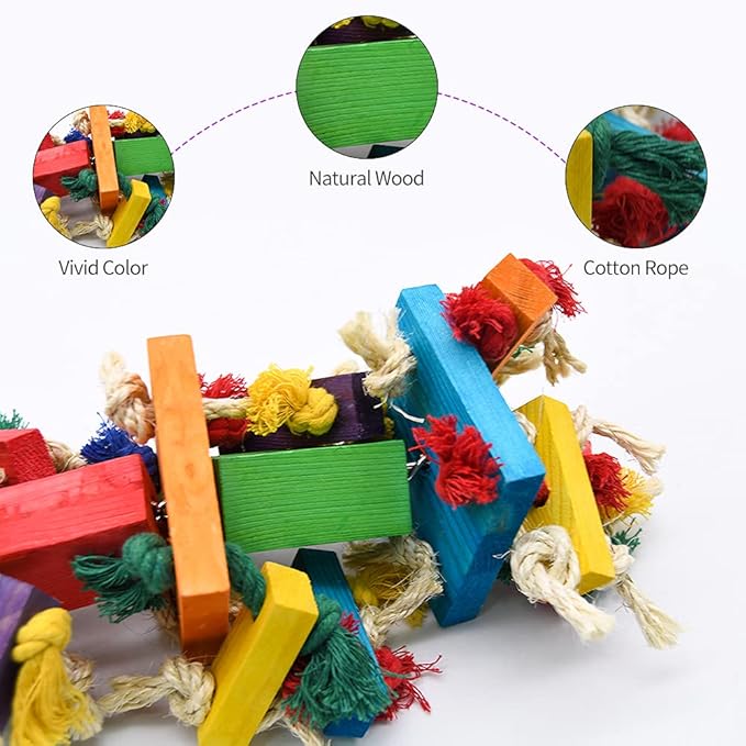 RUBY.Q 3 Pack Large Parrot Toy, 20in Bird Parrot Toy, Multicolor Natural Wooden Bird Chewing Toys for Large Macaws, African Grey and a Variety of Amazon Parrots