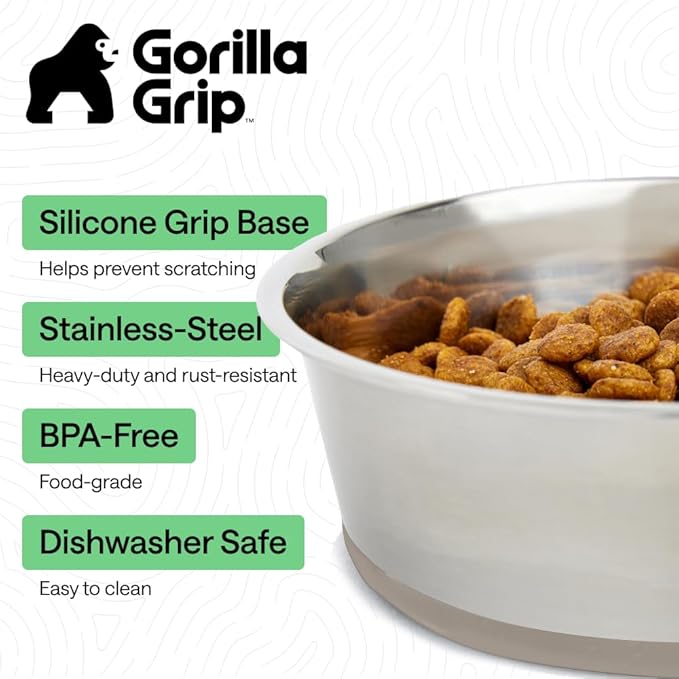 GORILLA GRIP Dog Bowls, Heavy Duty 304 Stainless Steel, Holds 6 Cups Each (48 fl oz) Food and Water Bowl for Feeding Dogs and Cats, Dishwasher Safe, Rust Resistant, BPA Free Rubber Base Set of 2 Beige