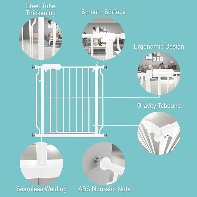 WAOWAO Baby Gate 76.38-81.07" Extra Wide Pressure Mounted Walk Through Swing Auto Close Safety White Metal Toddler Kids Child Dog Pet Puppy for Stairs,Doorways,Kitchen