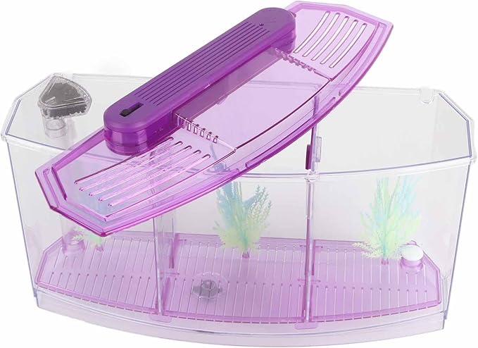 GLOGLOW TripleChamber Fish Breeder Box for Aquarium, Breeding Tanks Transparent LED Acrylic Small Fishes Breeding Isolation Box with Six LED Lights and Water Change Valve Breeder (Purple)