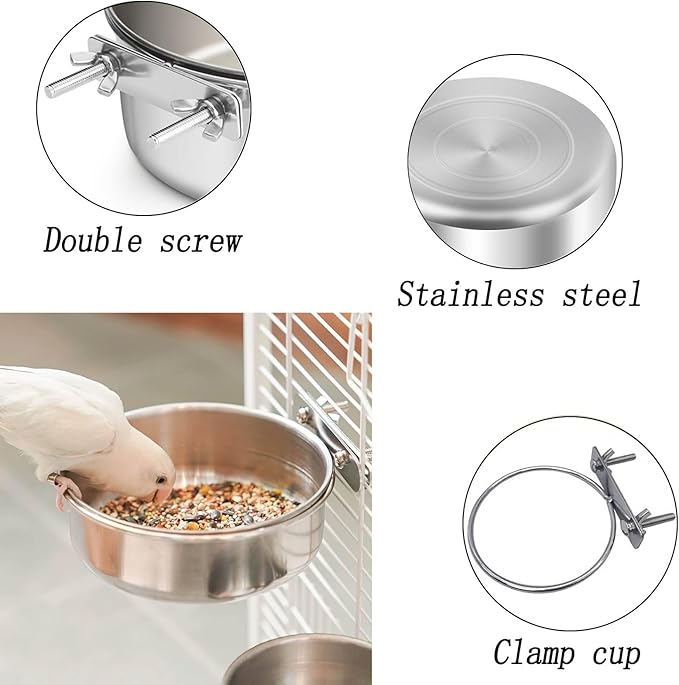 3 Pcs Stainless Steel Bird Food Water Bowls, Parrot Feeding Dish Cups with Clamp Holder Bird Ball Toys for Chinchilla, Cockatiel, Conure, Budgies, Parakeet, Lovebirds, Small Animals (Small)