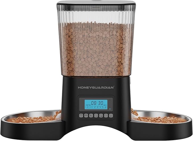 HoneyGuardian Automatic Cat Feeder for 2 Cats, Automatic Cat Food Dispenser, Timed Pet Feeder for Cats and Dogs, Desiccant Bag, Programmable Portion Control,10s Voice Recorder