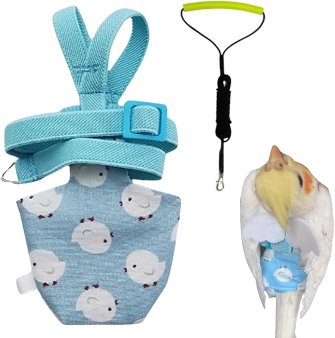 Adjustable Bird Diaper Harness Flight Suit Clothes with 80 Inch Flying Leash Rope for Parrots Conure Cockatiel (Blue,XL)