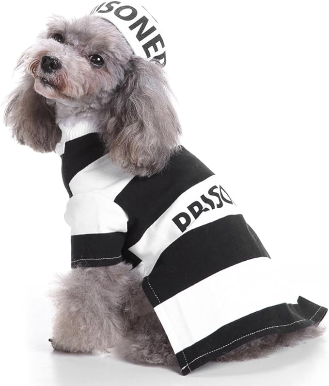 Halloween Fancy Prisoners Dogs Cats Warm Costumes with Hat for Teddy, Pug, Chihuahua, Shih Tzu, Yorkshire Terriers, Papillon D-Black/White L