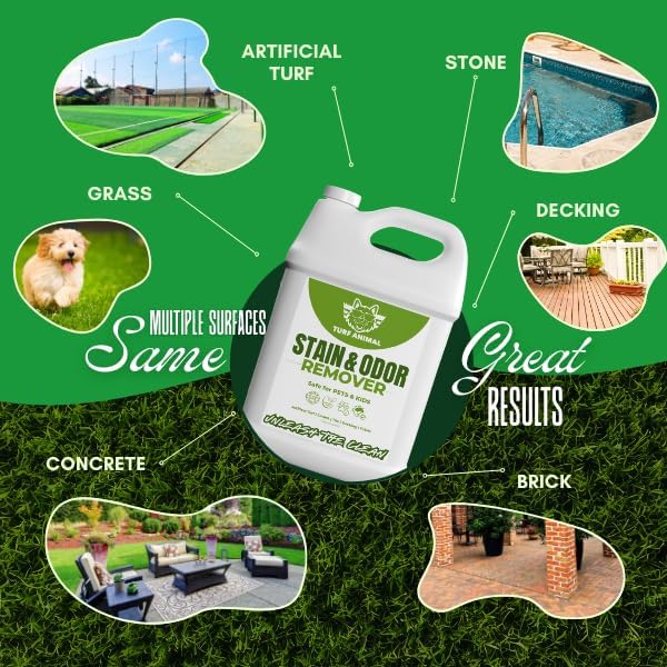 Turf Animal Pet Stain & Odor Remover for Strong Odors & Stubborn Stains – Natural Enzyme Odor Eliminator for Indoor Carpet & Outdoor Artificial Turf – Enzymatic Dog & Cat Urine Destroyer, 1 Gallon