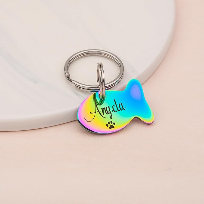Anavia Small Size Dog Cat ID Tags, Small/XS Personalized Color Plated Stainless Steel Puppy Kitten Name Tags, Customized Engraved Nameplate Pet Collar Tag (Rainbow, Fish)