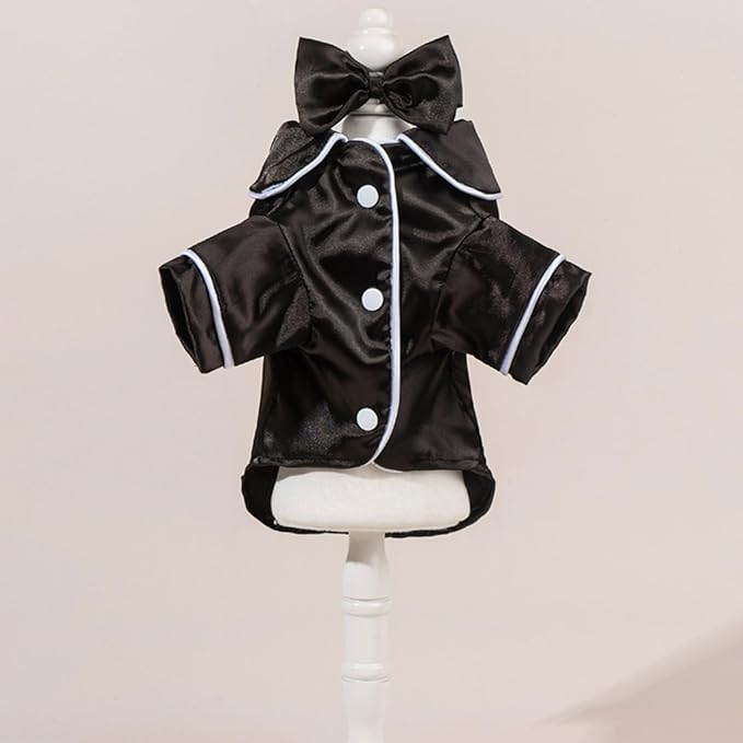 Cat Puppy Costume Elegant Satin Pajamas with Bow Headband 2PCs Set Pet Sleepwear Cute Pet Outfit Cosplay Partywear Photoshoots (Black Set,Large)