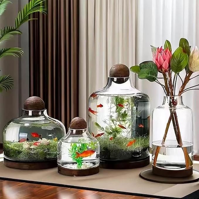 Glass Aquarium, Miniature Landscape Terrarium Glass Fish Tank with Wooden Base, Modern Betta Fish Tank, Small Aquarium for Home and Office Decoration,XL