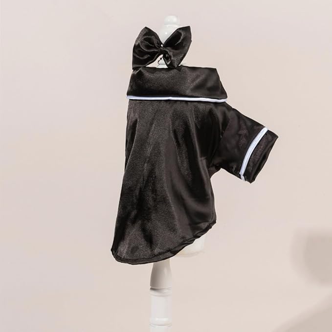 Cat Puppy Costume Elegant Satin Pajamas with Bow Headband 2PCs Set Pet Sleepwear Cute Pet Outfit Cosplay Partywear Photoshoots (Black Set,Medium)