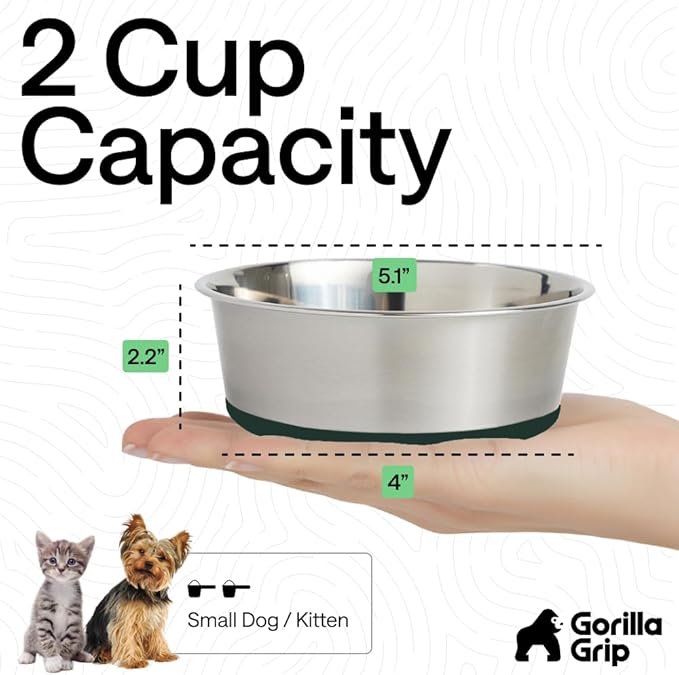 GORILLA GRIP Dog Bowls, Holds 2 Cups Each (16 fl oz), Heavy Duty Stainless Steel Food and Water Bowl for Feeding Dogs and Cats, Dishwasher Safe, Rust Resistant, BPA Free Rubber Base, Set of 2 Green