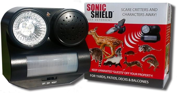 Bird B Gone Sonic Shield - Motion Activated Sonic Animal Repellent with Sound & Light - Outdoor Pest Deterrent for Birds, Squirrels, Cats, Dogs & Raccoons - Portable Yard, Patio & Garden Protection