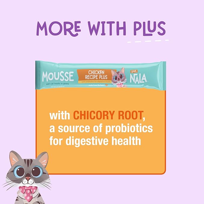 LOVE, NALA Digestive Health Chicken + Prebiotic Mousse Cat Treats – Lickable Squeeze-Up Puree, Topper or Treat – Grain-Free, 24 Pack – Human-Grade Protein, Non-GMO, No Artificial Additives