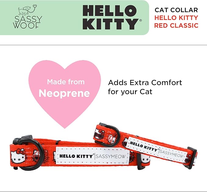 Sassy Woof Cat Collar Hello Kitty® Red Classic - S, Adjustable, Durable, Comfortable, Patented Design and Stylish Pet Accessories for Small Cats