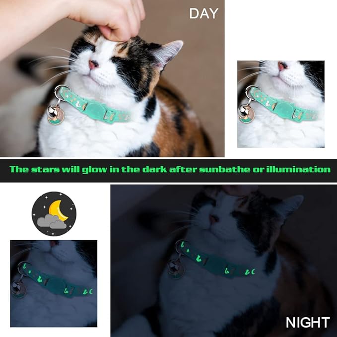 Baeuppit 2PCS Breakaway Cat Collars with Bell Moons Stars Cute Kitty Adjustable Safe Kitten Collars with Pendant Glow in The Dark(Pink&Teal)