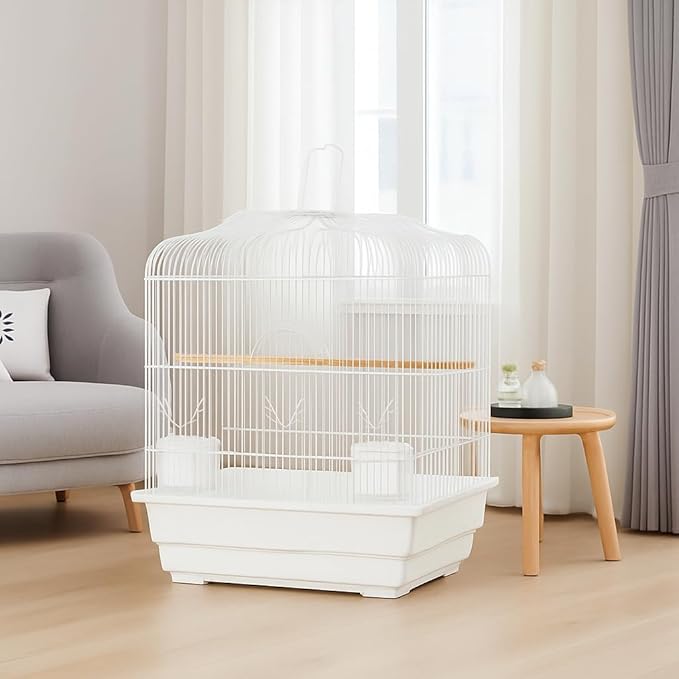 Portable White Bird Cage for Small & Medium Birds, Travel and Home Use, Parrot Cage with Wooden Perch, Swing, Food Bowls & Removable Tray, Ideal for Budgies, Cockatiels, Canaries