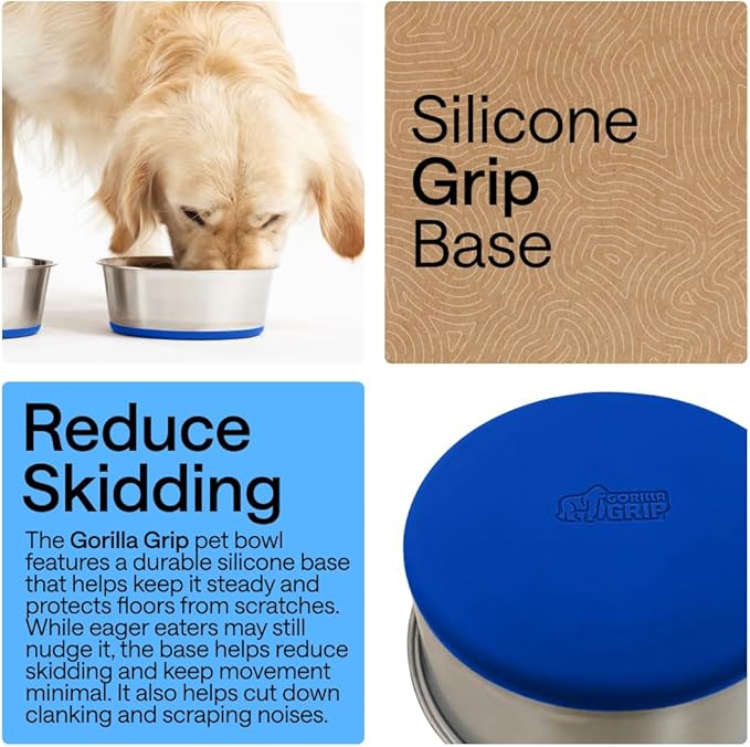 GORILLA GRIP Dog Bowls, Heavy Duty 304 Stainless Steel, Holds 2 Cups Each (16 fl oz) Food and Water Bowl for Feeding Dogs and Cats, Dishwasher Safe, Rust Resistant, BPA Free Rubber Base Set of 2 Blue