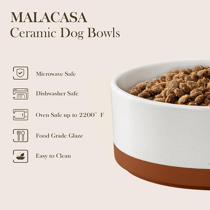 MALACASA Ceramic Dog Bowls Small Size Dog with Wood Stand, 1.5-Cup Ceramic Puppy Bowls for Cats & Small Dogs, Dual Food and Water Bowls with Weighted Non-Slip Base, Glaze Matte,14 Oz