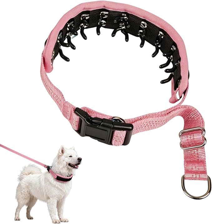 Lightweight Prong Collar for Dogs, Reflective No Pull Dog Collar | Adjustable Size Dog Pinch, Breathable Woven Fabric Air Grid Technology, Martingale Collar for Dogs Training（Pink-L）