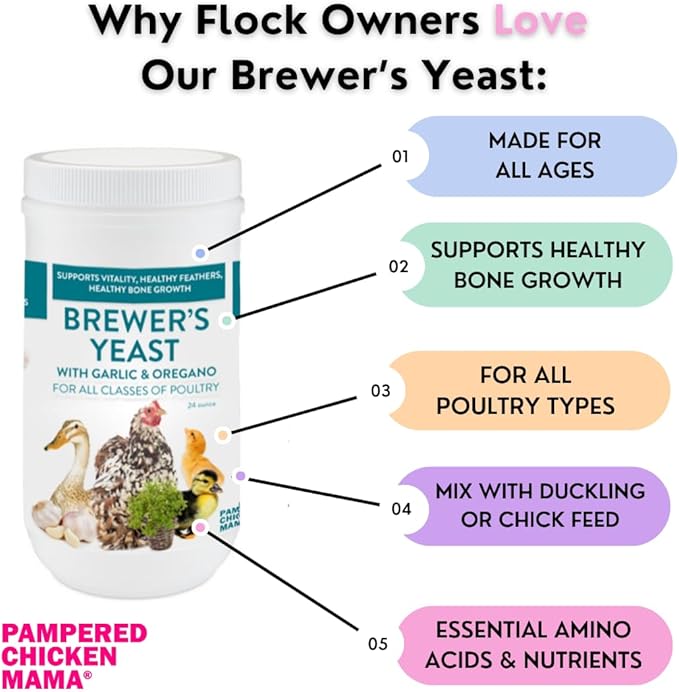 Brewer's Yeast for Ducks & Chickens with Garlic & Dried Oregano (24 Ounce) | Niacin for Ducks, Chicks, and Adult Chickens | Chicken Probiotic & Amino Acids| Pampered Chicken Mama (3 pounds)