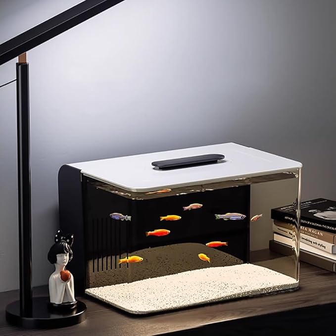 Office Acrylic Desktop Aquarium Kits, HD Plexiglass Betta Fish Tank, Hidden Filtering Area, 3 Gallon Small Fish Tank with LED Light, USB Power Supply, Modern 11L Acrylic Aquarium Starter,With d