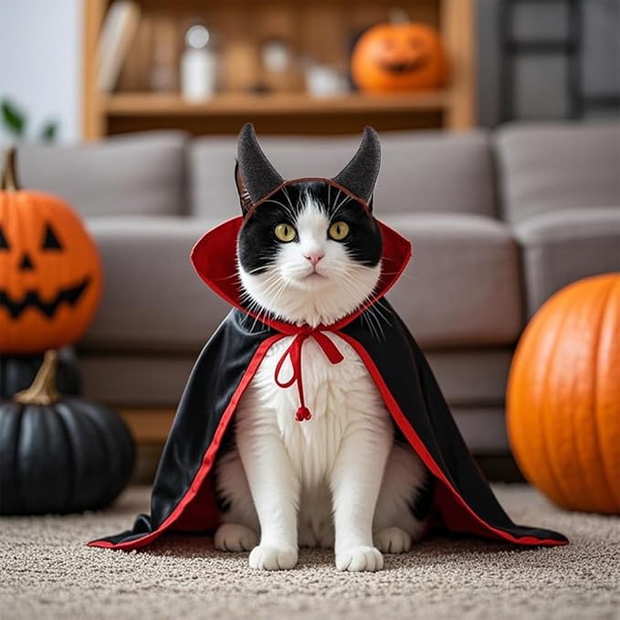 2-Pc Pet Halloween Party Costume-Puppy Party Adjustable Hats with Cool Cape Soft Costume Accessory for Small Medium Dogs and Cats
