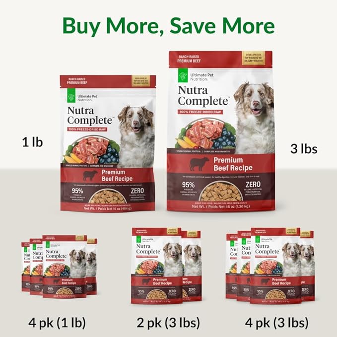 ULTIMATE PET NUTRITION Nutra Complete, 100% Freeze Dried Raw Veterinarian Formulated Dog Food with Antioxidants Prebiotics and Amino Acids (3 Pound (Pack of 4), Beef)