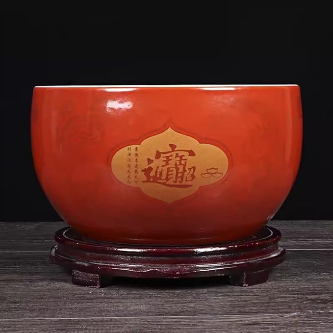 Fish Tank Treasure Bowl Ceramic Fortune Fish Tank Desktop Ceramic Small Treasure Bowl Turtle Feeding Bowl Aquarium(Red,29x18cm)