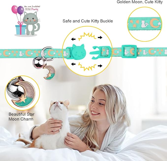 Baeuppit 2PCS Breakaway Cat Collars with Bell Moons Stars Cute Kitty Adjustable Safe Kitten Collars with Pendant Glow in The Dark(Black&Teal)
