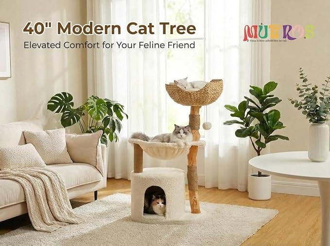 Modern Cat Tree for Large Cats, Wood Cat Tower for Indoor Cats, Real Branch Luxury Cat Furniture with Super Large Cozy Condo and Hammock & Scratching Post, Top Basket, White