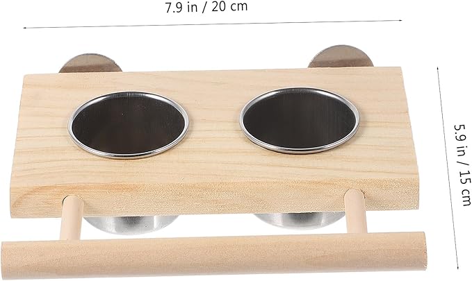 Yardwe Parrot Food Cups and Stainless Steel Feeding Bowls with Wood Stand, 2pcs Set (Small Large) for Bird Cage Feeding and Watering Supplies